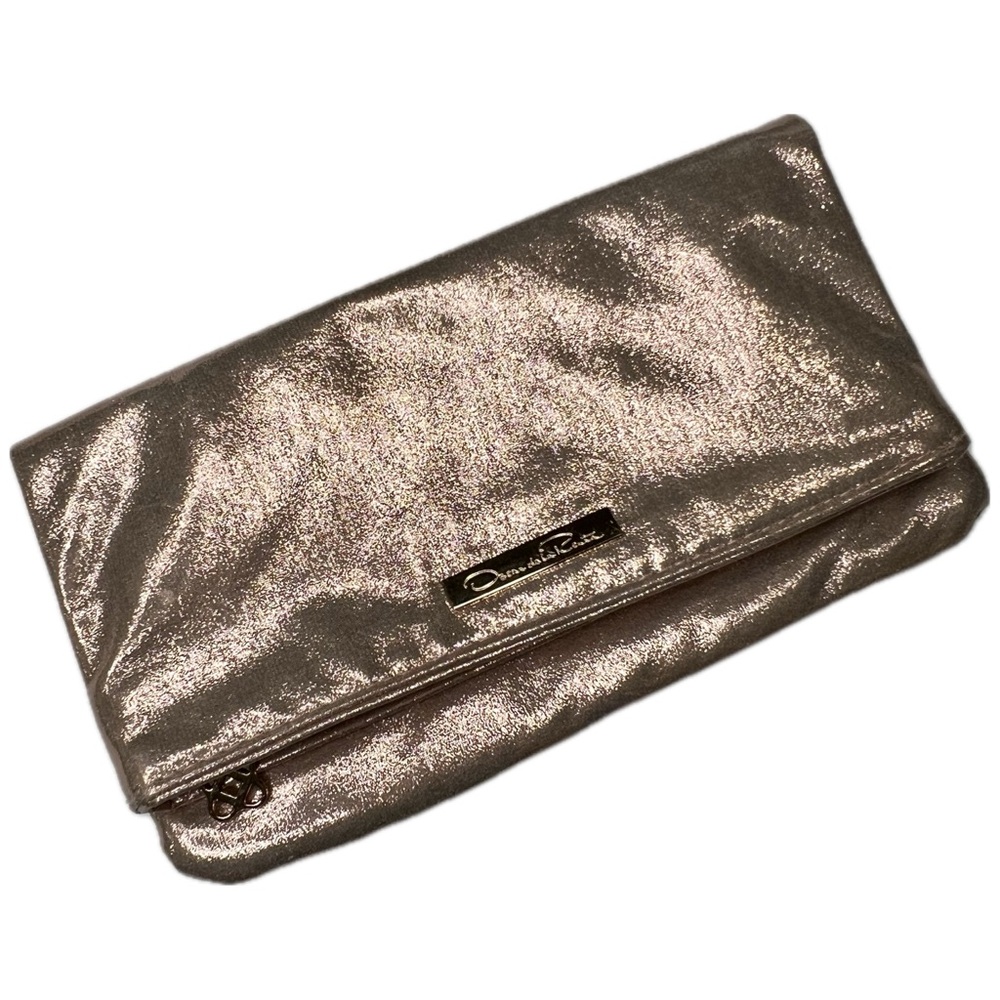 Oscar de la Renta Clutch Foldover Zipper Cocktail Purse Luxe Metallic Rose Gold
